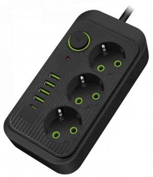 Сетевой фильтр 2m Amper, 3 гнезда, 3xUSB, 1xType-C, 10A, 2500W, black