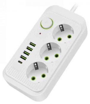 Сетевой фильтр 2m Amper, 3 гнезда, 3xUSB, 1xType-C, 10A, 2500W, white