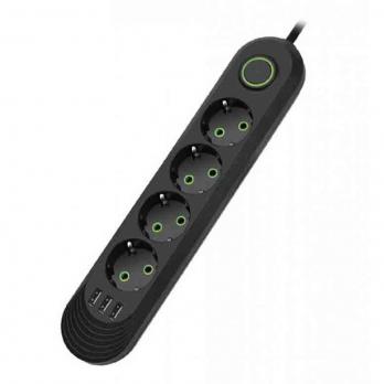 Сетевой фильтр 2m Amper, 4 гнезда, 3xUSB, 10A, 2500W, black