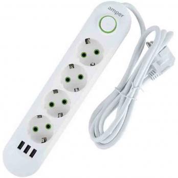 Сетевой фильтр 2m Amper, 4 гнезда, 3xUSB, 10A, 2500W, white